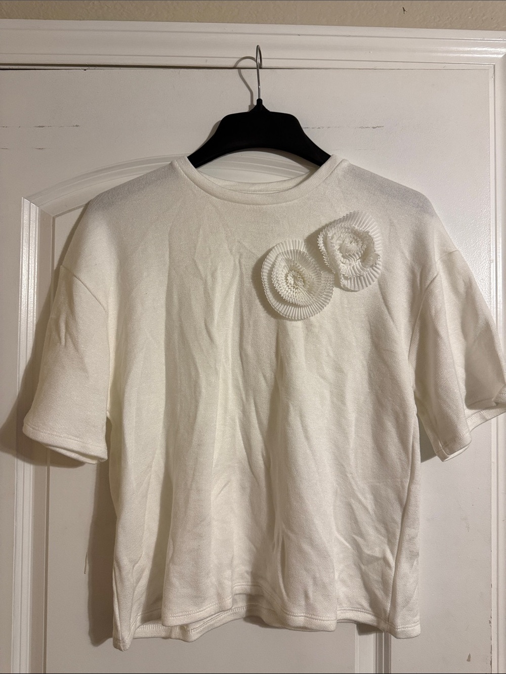 Zara Cream Short-Sleeve Top with Rosette Detail